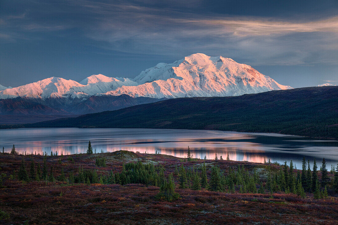 Scenic Landscape Of Mt. Mckinley And Wonder Lake In The Morning, Denali National Park, Interior Alaska, Autumn. Hdr