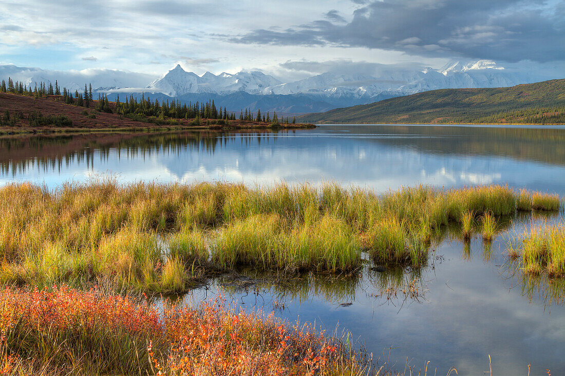 Morning Scenic Of Wonder Lake With Snow Covered Mt. Brooks, Mt. Mckinley And The Alaska Range In The Background, Denali National Park & Preserve, Interior Alaska, Autumn, Hdr