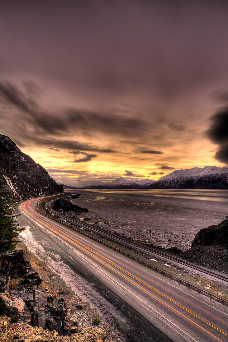 Sunrise Over Turnagain Arm And The Seward Highway, Southcentral Alaska, Winter Hdr