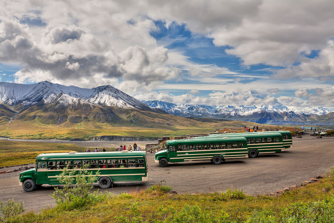 Scenic View Of Mt. Mckinley And Tourist Shuttle Buses Parked At Eielson Visitor Center In Denali National Park And Preserve, Interior Alaska, Summer, Hdr