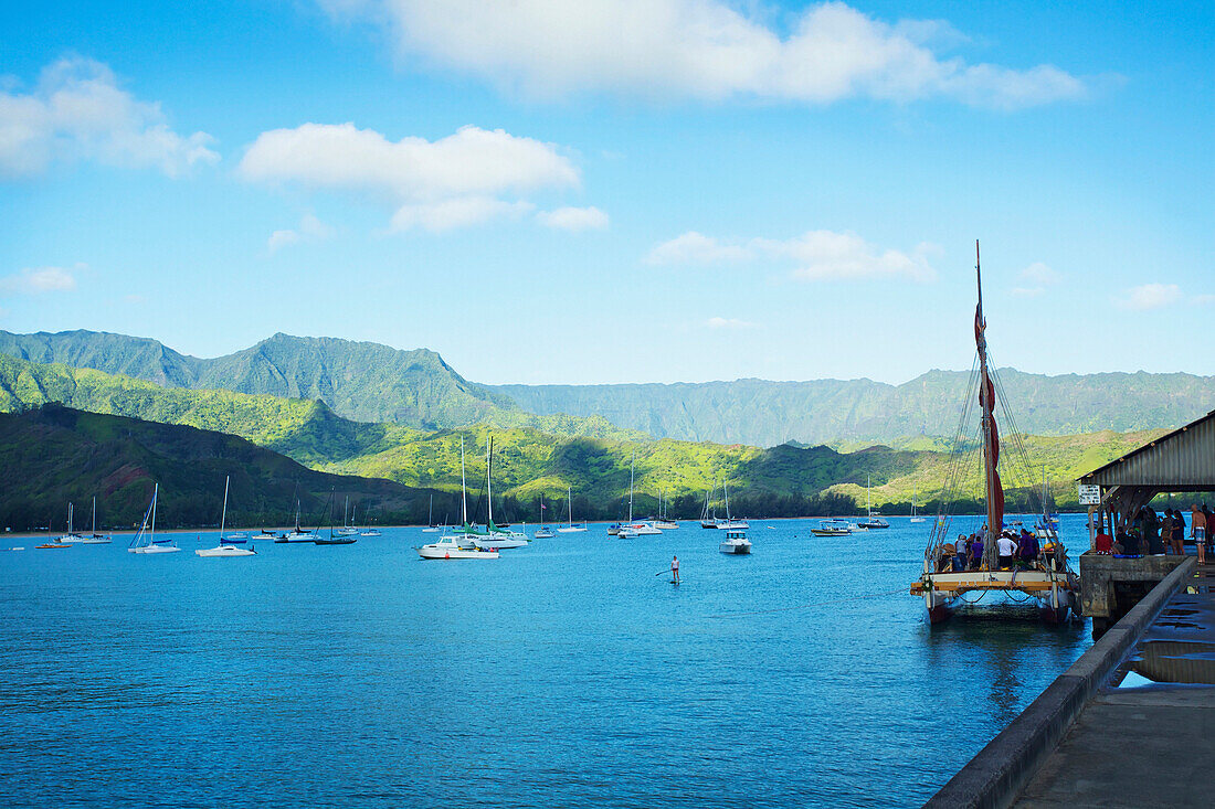 'Boats mooring in a harbour off the coast of an hawaiian island; Hawaii, United States of America'