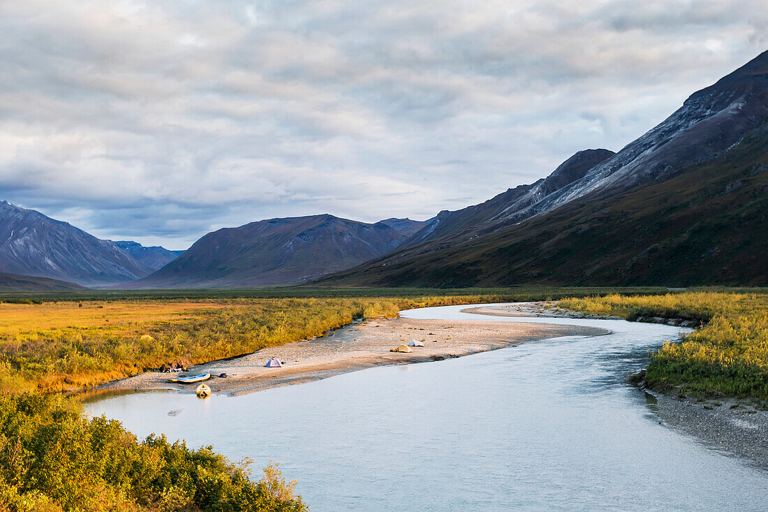 Rafters Camping Off Noatak River In The Brooks Range, Gates Of The Arctic National Park, Northwestern Alaska, Above The Arctic Circle, Arctic Alaska, Summer.