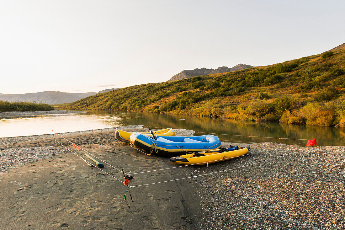 Rafts On Shore Of Noatak River In The Brooks Range, Gates Of The Arctic National Park, Northwestern Alaska, Above The Arctic Circle, Arctic Alaska, Summer.