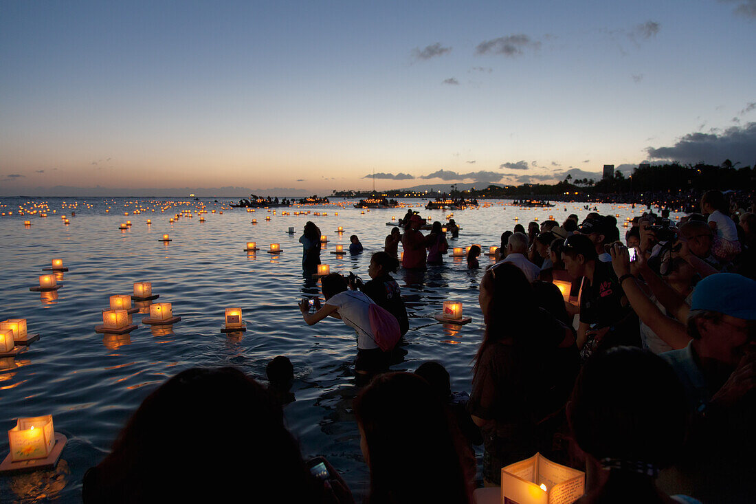 'Annual lantern floating ceremony during sunset at Ala Moana; Oahu, Hawaii, United States of America'
