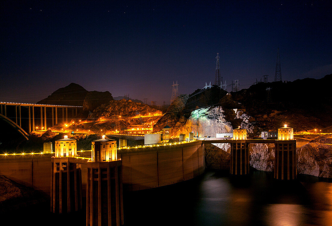 Hoover dam at night, Nevada, USA