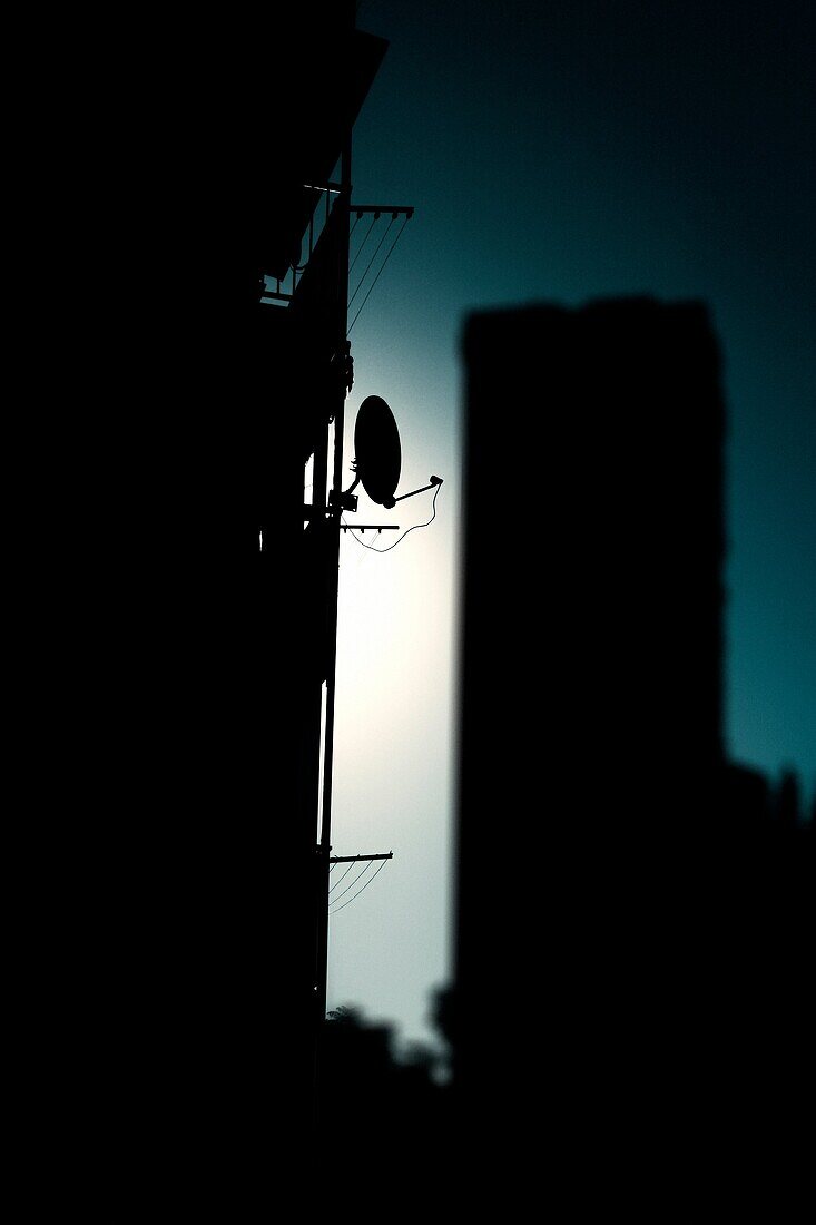 Satellite dish on balcony, Benidorm, Alicante province, Spain.