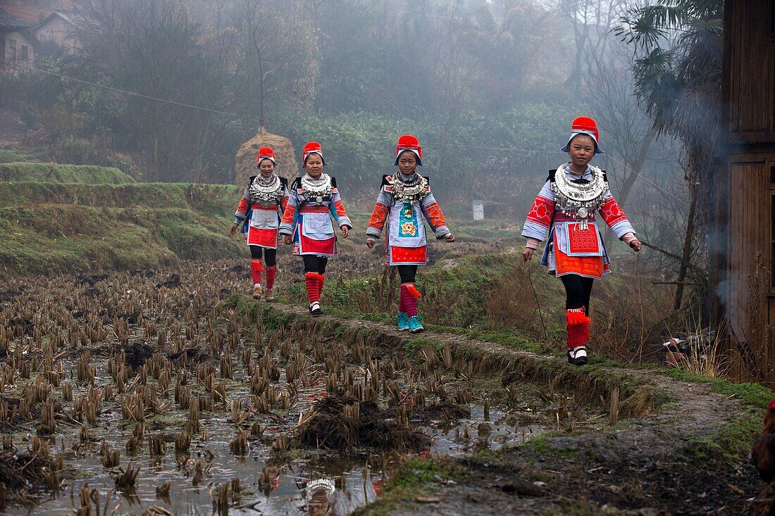China , Guizhou province , Matang village , Gejia people in traditional dress , festival.