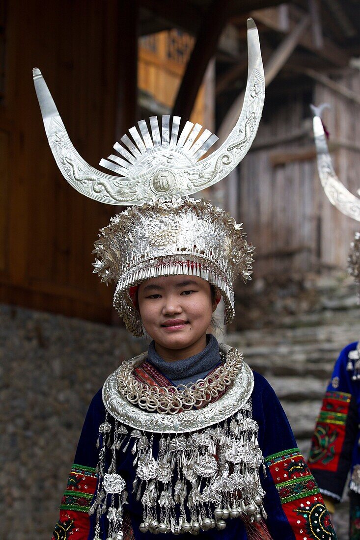 China ,Guizhou province , Langde village , Long Skirt Miao people in traditional dress.