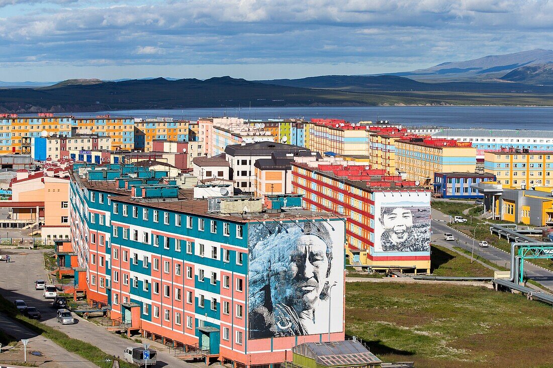 Russia , Chukotka autonomous district , Anadyr , headtown of the district , buildings painted or decorated with color pictures , Eskimo.