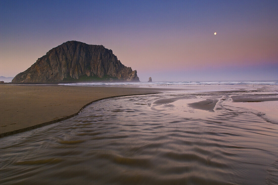 Moonset at dawn over Little Morro Creek and Morro Rock, Morro Strand State Beach, Morro Bay, California.