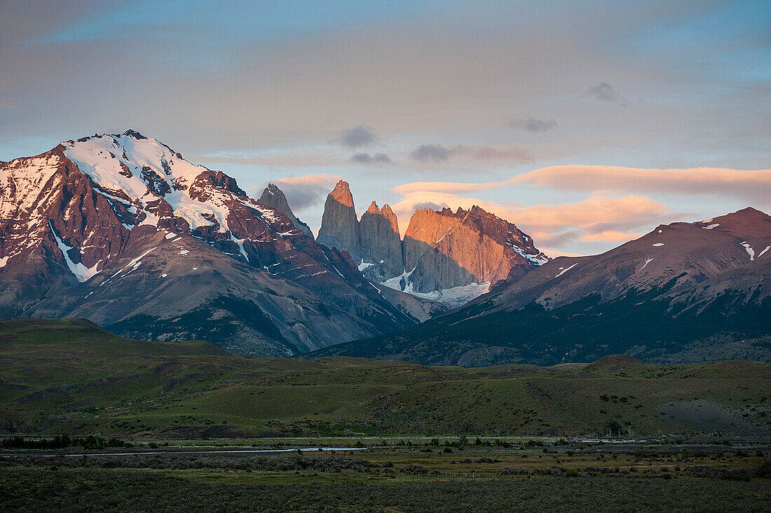 Early morning light over the Torres del Paine National Park, Patagonia, Chile, South America