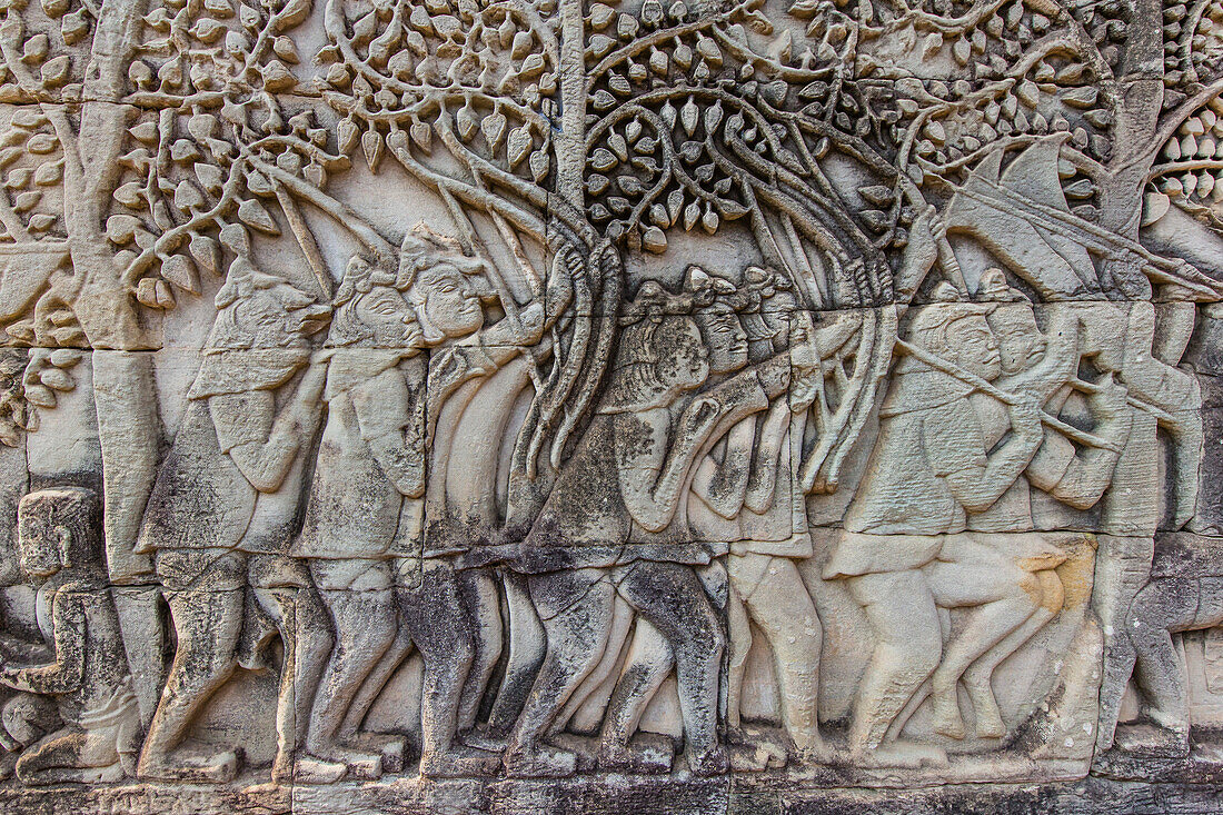 Bas-relief carvings in Bayon Temple in Angkor Thom, Angkor, UNESCO World Heritage Site, Siem Reap Province, Cambodia, Indochina, Southeast Asia, Asia