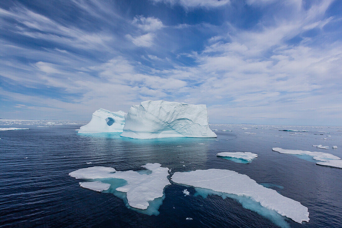 Icebergs and brash ice near the Cumberland Peninsula, Baffin Island, Nunavut, Canada, North America