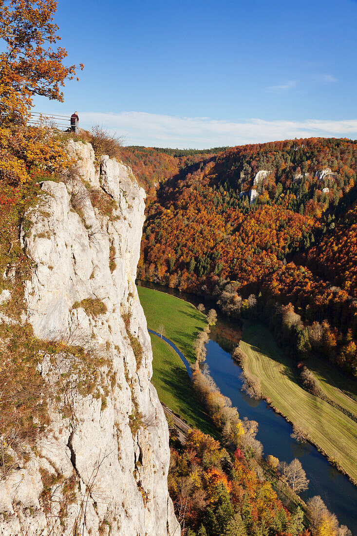 Eichfelsen Rock and Danube Valley in autumn, Upper Danube Nature Park, Swabian Alb, Baden Wurttemberg, Germany, Europe