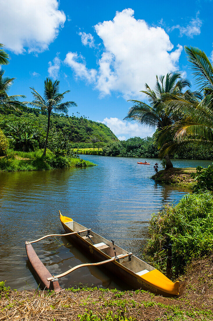 Dugout canoe on the Wailua River. Kauai, Hawaii, United States of America, Pacific