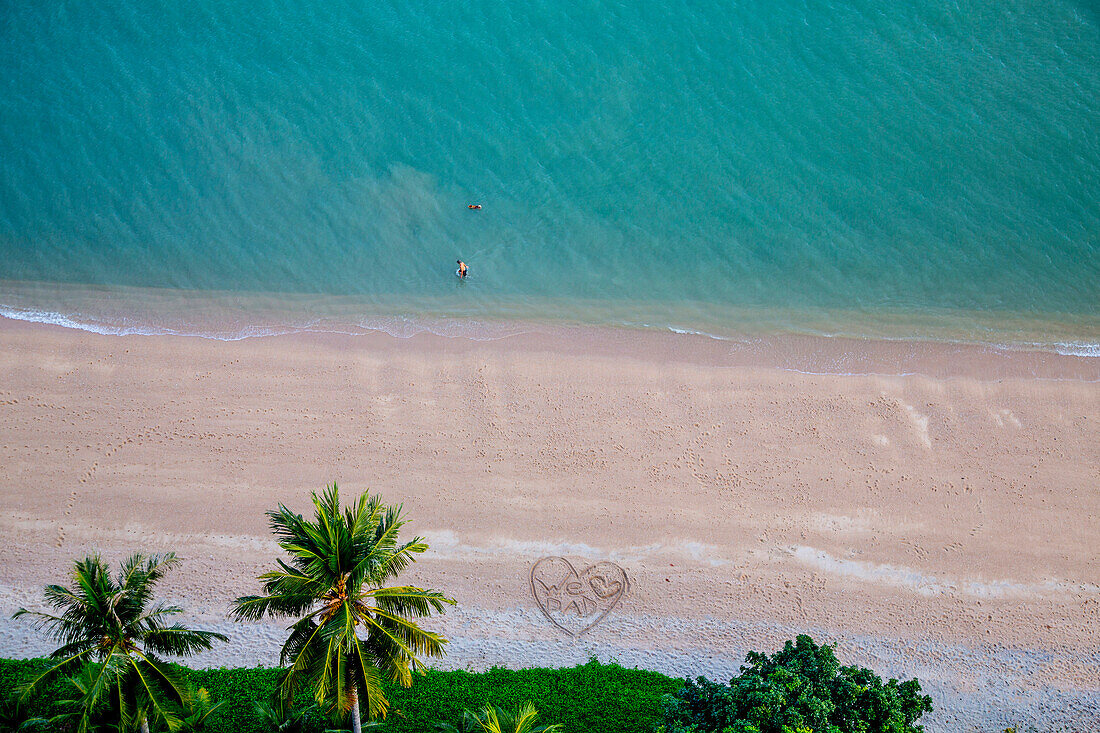Aerial view of heart-shape on tropical beach, Tanjung Bungah, Penang, Malaysia