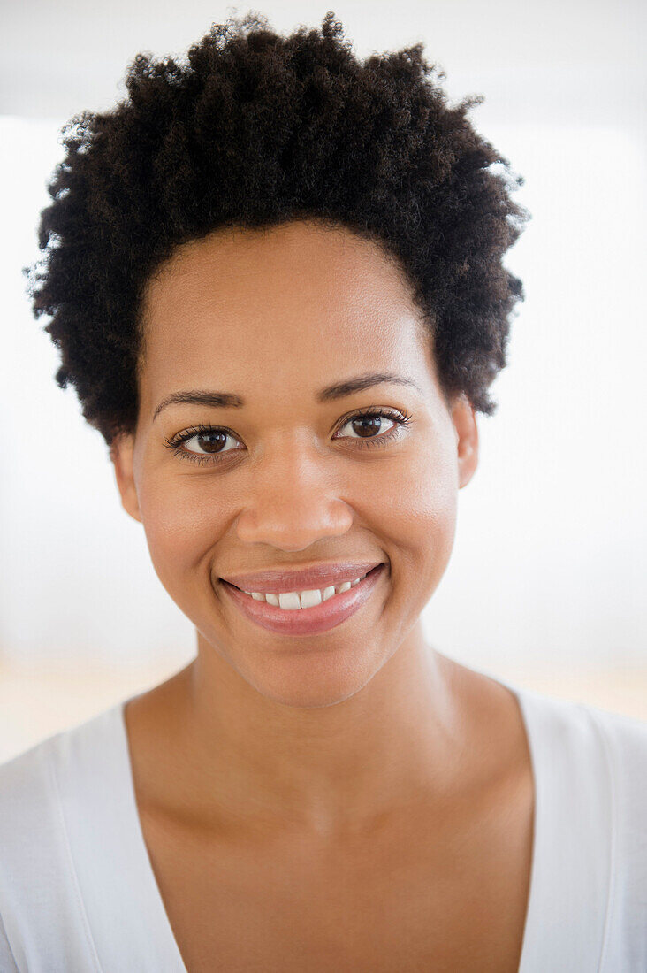 Close up portrait of smiling Black woman, Jersey City, New Jersey, USA
