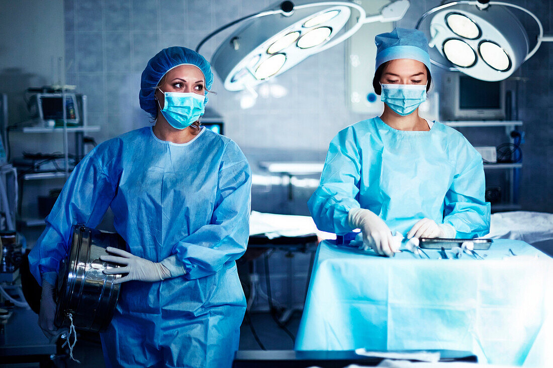 Caucasian surgeons preparing operating room, Nizniy Tagil, Sverdlovsk, Russia