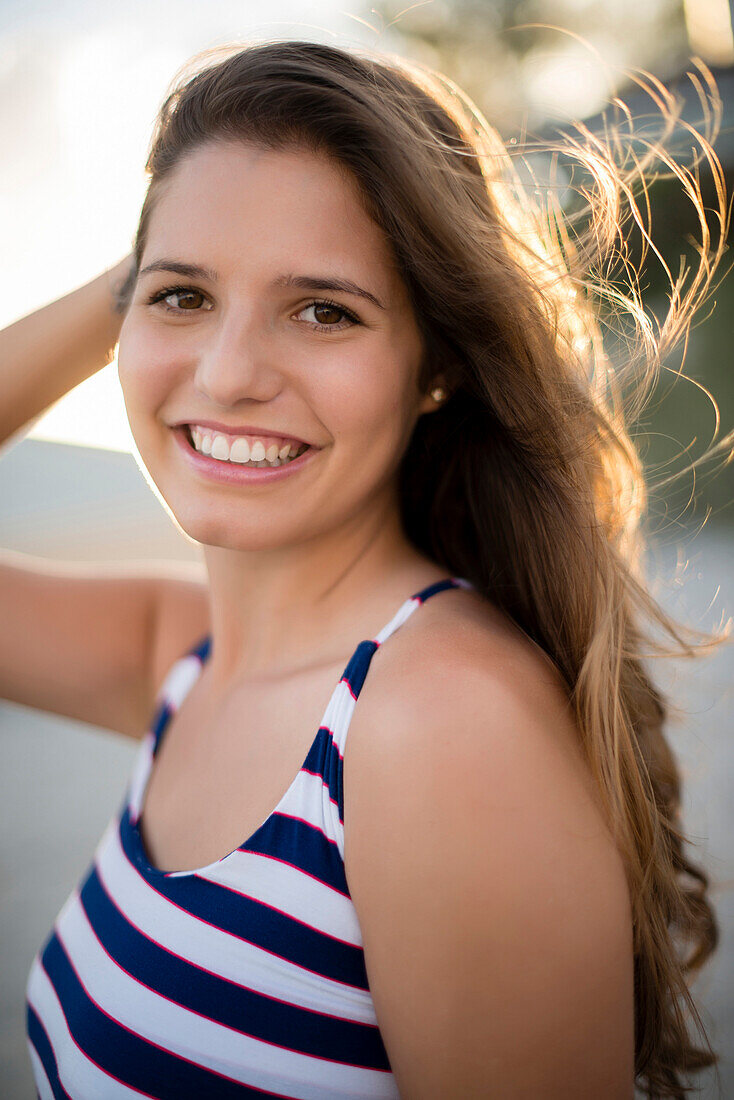 Caucasian woman smiling on beach, Delray Beach, Florida, USA