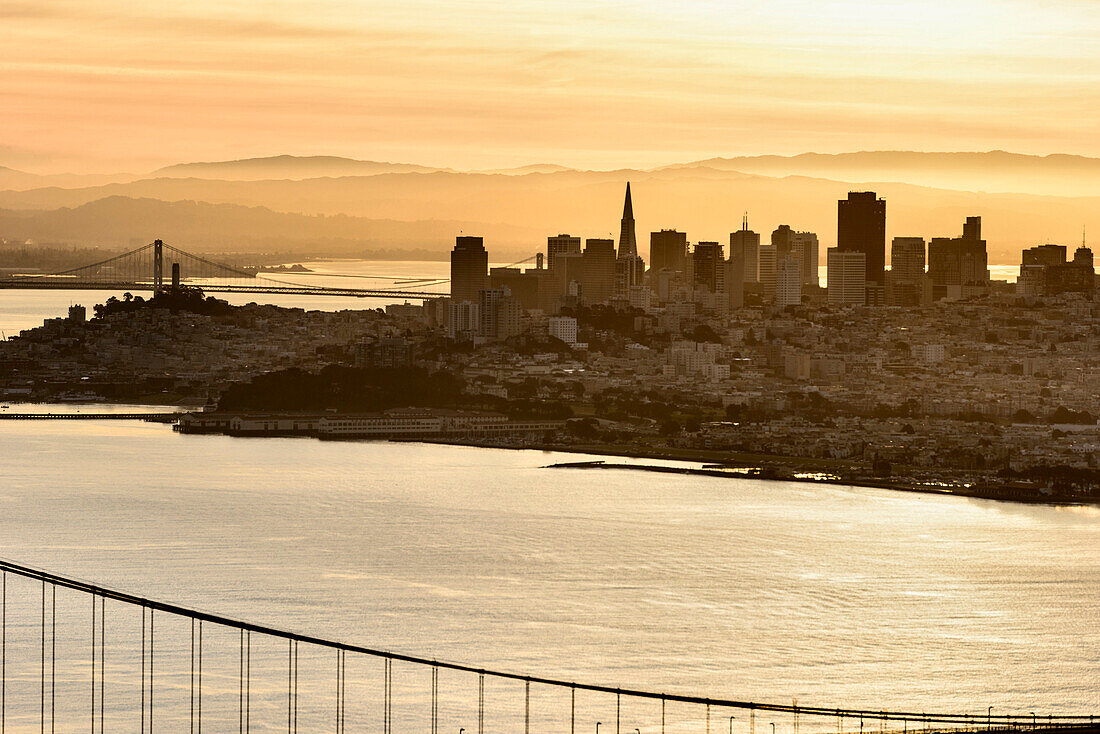 Silhouette of San Francisco city skyline at sunset, San Francisco, California, United States, San Francisco, California, United States