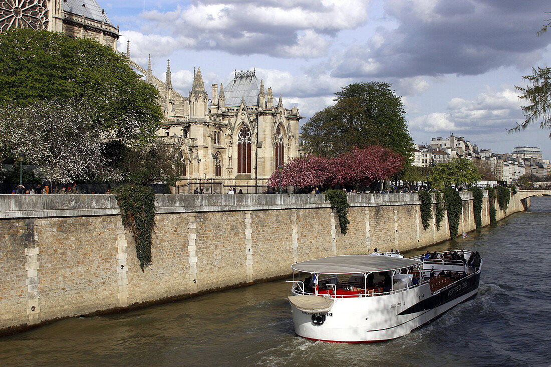 FRANCE, Paris, the Seine with a tourist boat and Notre-Dame cathedral located on île de la Cité