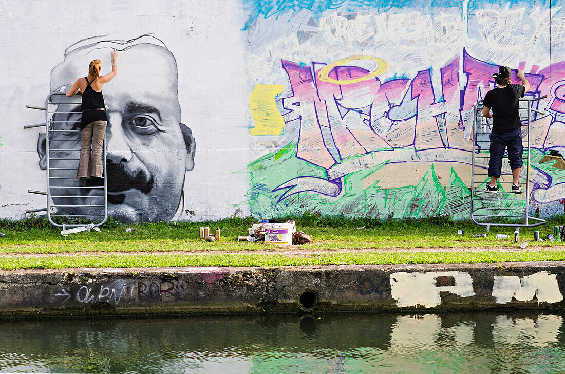Graffitis on the walls along the Canal de l'Ourcq, Pantin, Seine-Saint-Denis, France