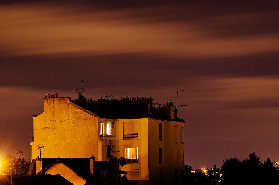 Night view of Paris suburbs, buildings and housing, Fontenay-sous-bois, Val-de-Marne, France