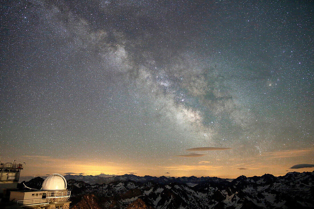 France, Hautes Pyrenees. Pic du Midi Observatory. Milky Way (Sagittarius and Scorpio). Dome T1m left.