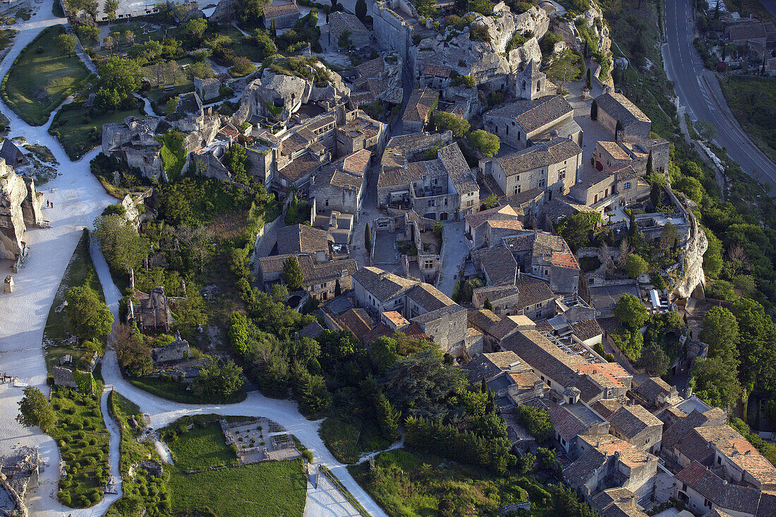 France, Bouches-du-Rhône (13), Les Baux-de-Provence village classified as the most beautiful villages of France, (aerial photo)