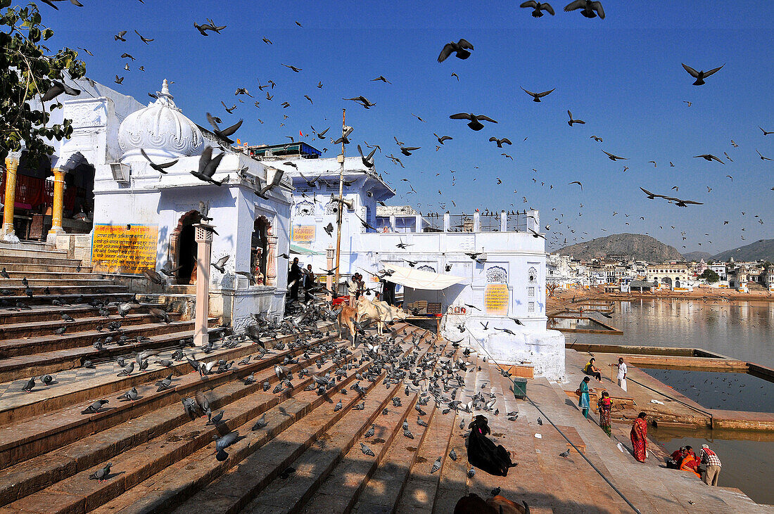 Gaths at Holy Pushkar Lake and old Rajput Palaces. Pushkar. India.