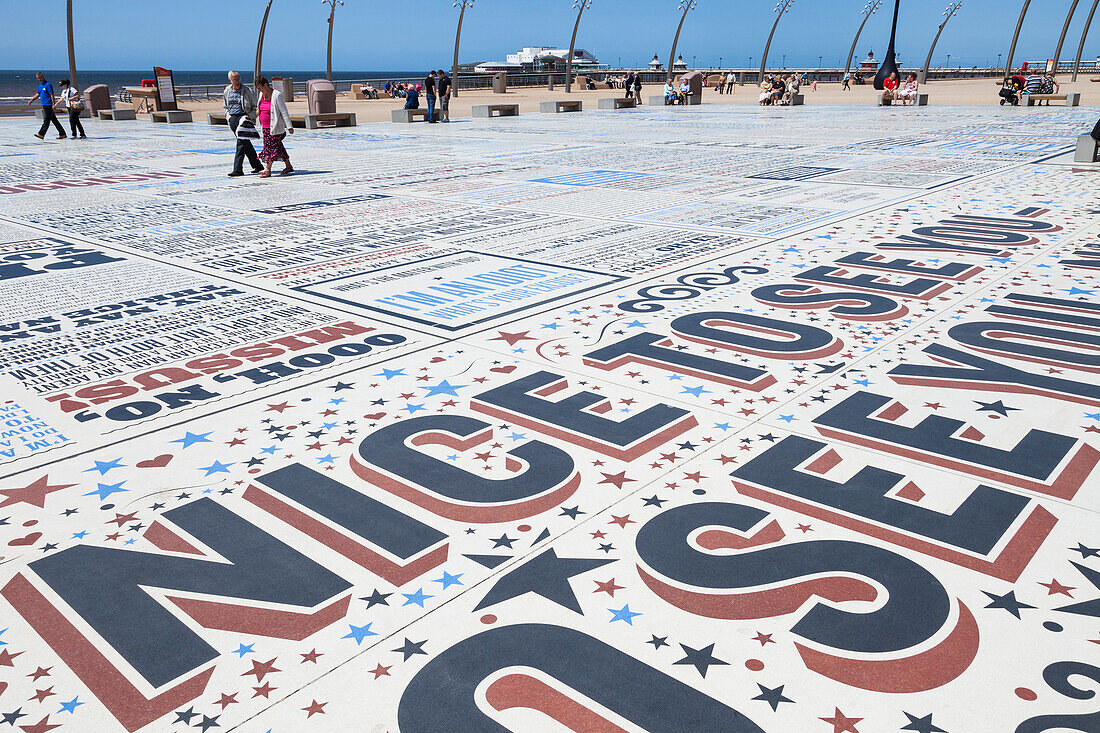 England, Lancashire, Blackpool, The Promenade Floor Mural showing Jokes and Catch Phrases by Various Entertainers