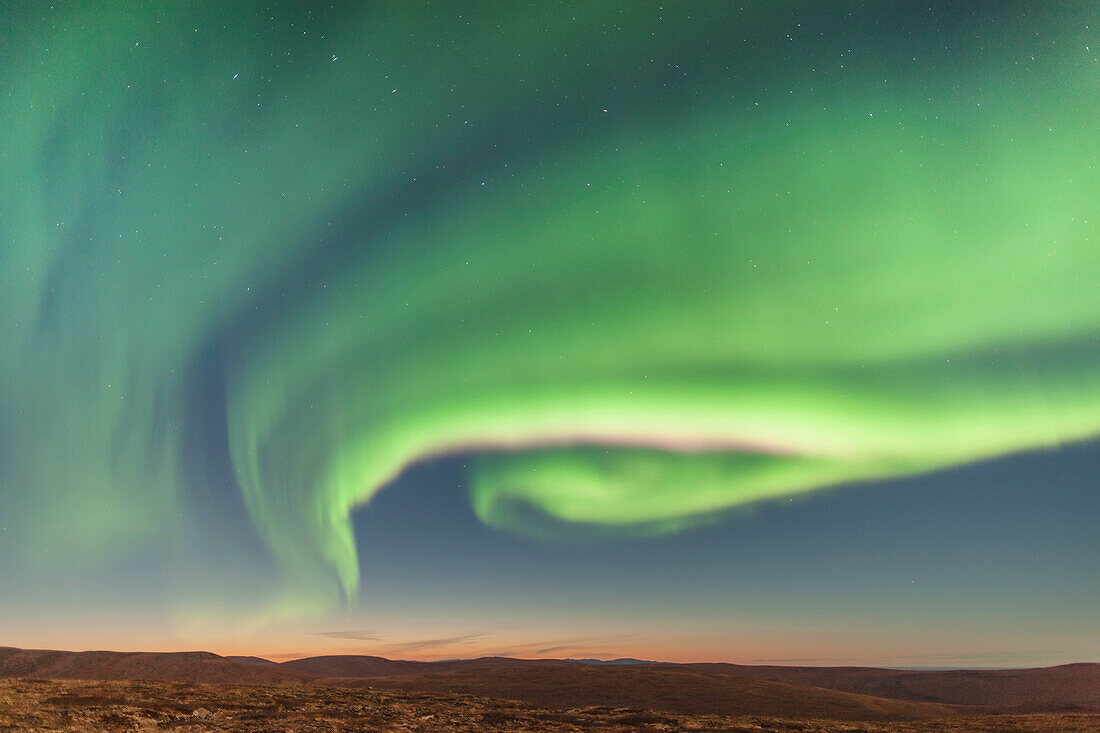 Northern Lights Above Eagle Summit Along The Steese Highway North Of Fairbanks, Full Moon, Pinnell Mountain Range, Fall, Interior Alaska, Usa.