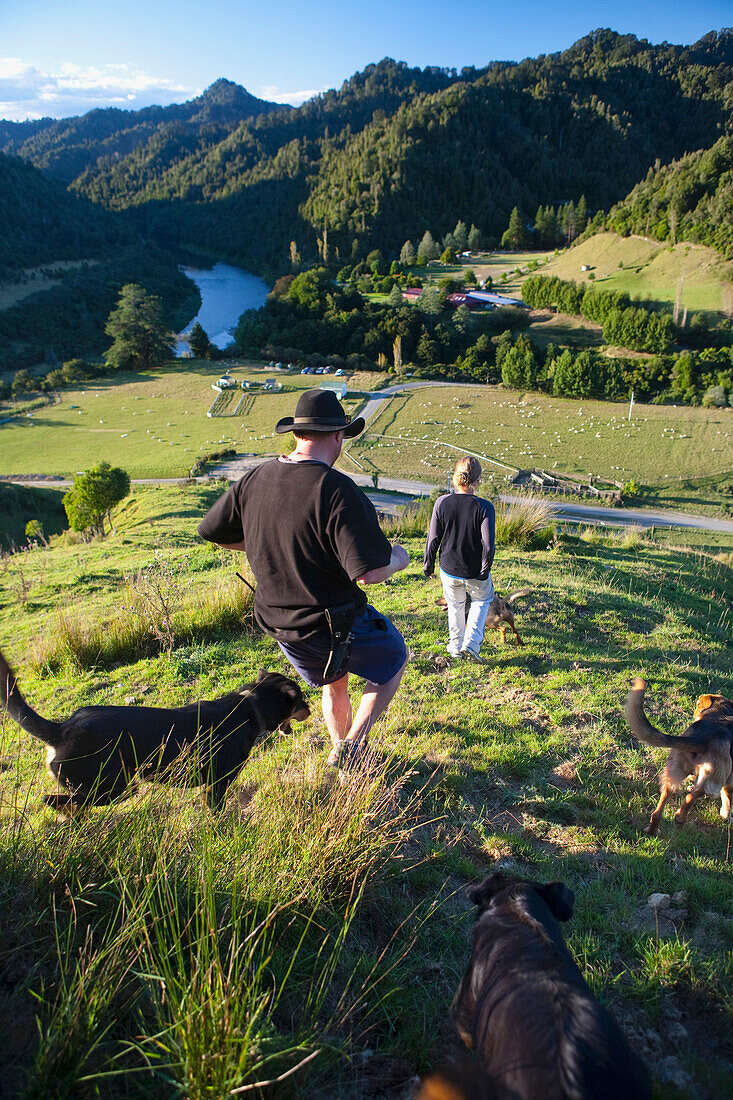 'People And Sheep Dogs Admiring The Views Overlooking Blue Duck Valley At Blue Duck Lodge, In The Whanganui National Park; Whakahoro, New Zealand'