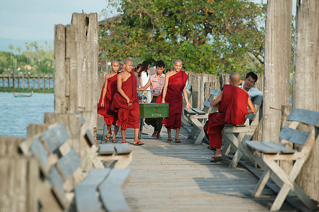 'Monks Crossing U Bein Bridge; Amarapura, Mandalay'