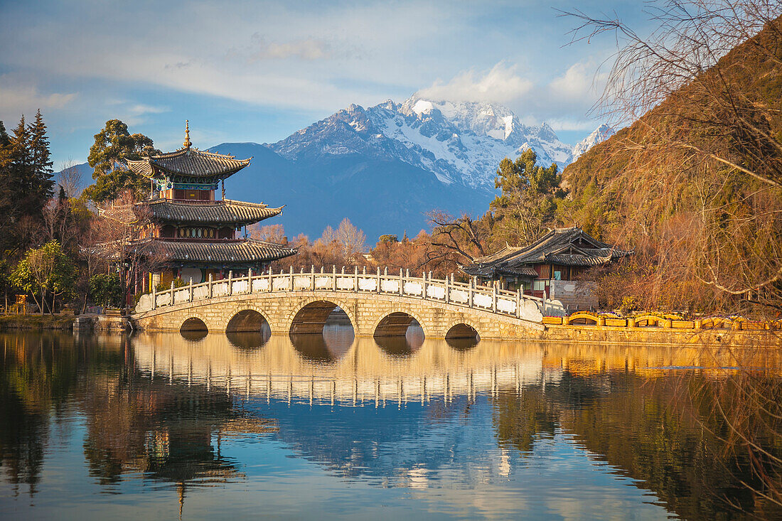 'Black Dragon Pool With Jade Dragon Snow Mountain In Background; Lijiang, Yunnan Province, China'