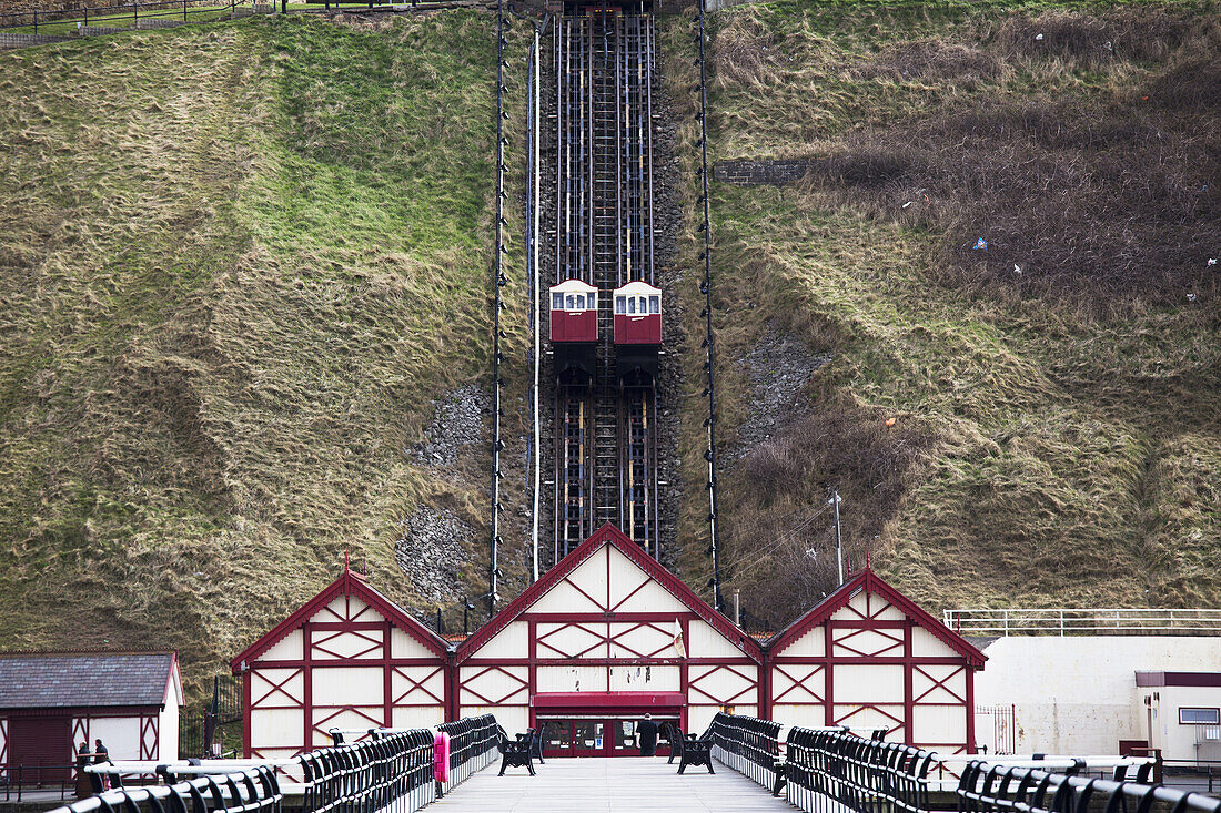 'Funicular going up and down the hill; Saltburn, North Yorkshire, England'