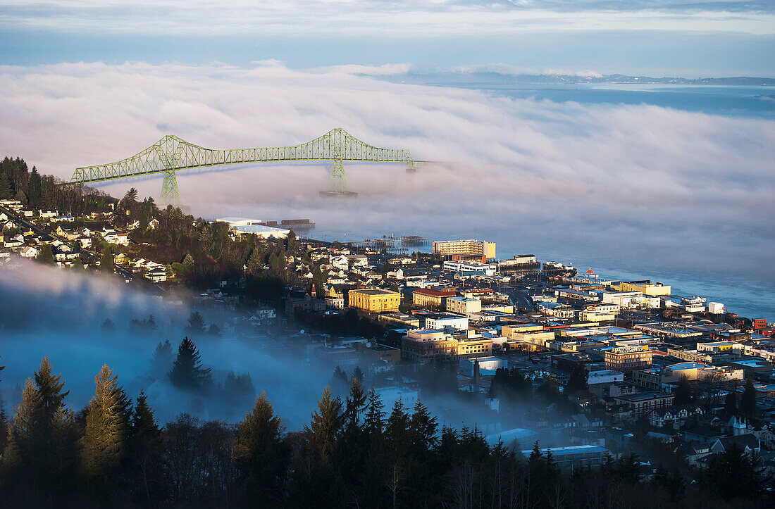 'Fog hovers over the Columbia River; Astoria, Oregon, United States of America'