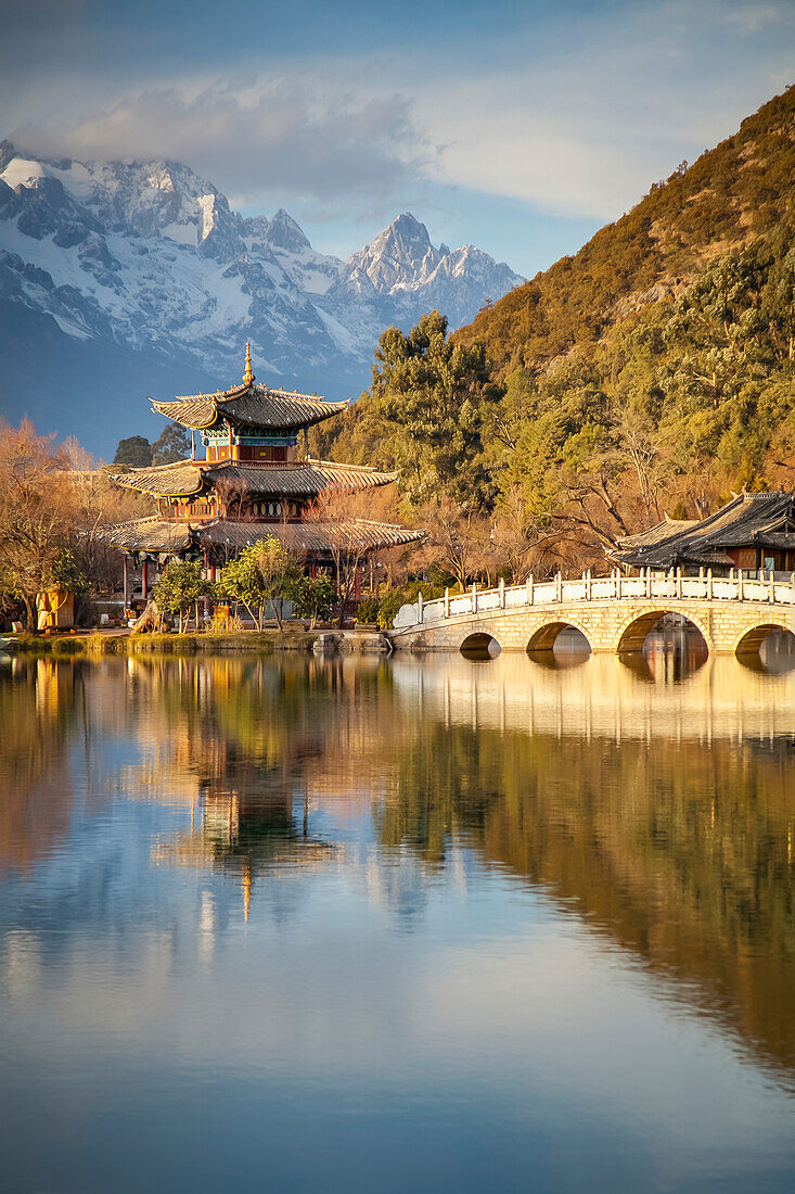 'Black Dragon Pool with Jade Dragon Snow Mountain in background; Lijiang, Yunnan Province, China'