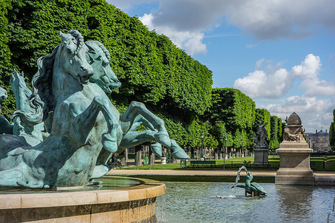 Fountain with four rearing horses, the four corners of the world, luxembourg gardens, 6th arrondissement, paris, france