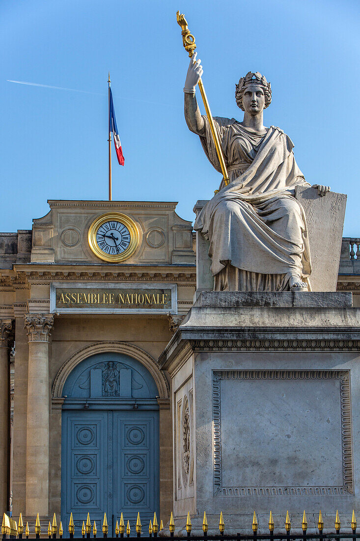 Statue of the law by the sculptor feugere and the clock of the national assembly, place du palais bourbon, 7th arrondissement, paris, france