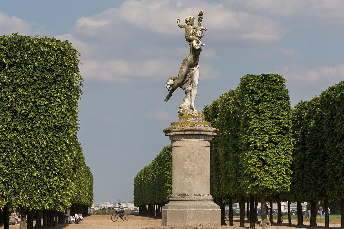 Statue in renaissance style, park of the chateau of saint germain en laye, composed of an english garden and a french garden and completed by the great terrace, all designed by andre le notre in the 17th century, national estate of saint-germain-en-laye, 