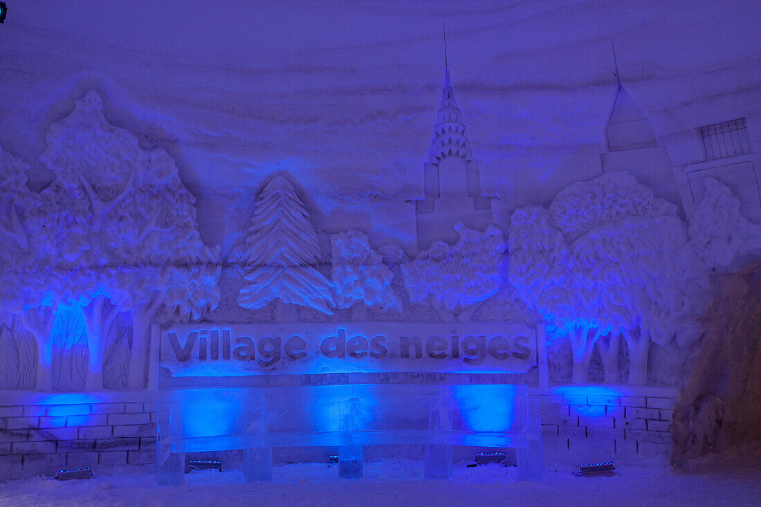 Lobby of the hotel de glace (montreal's snow village) on saint helen's island, in winter, montreal, quebec, canada