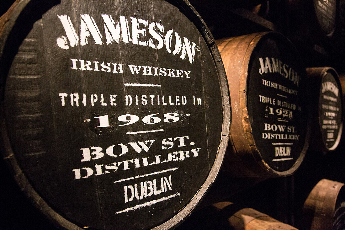 Casks and barrels of irish whiskey, the old jameson distillery, the old whiskey distillery, bow street, dublin, ireland