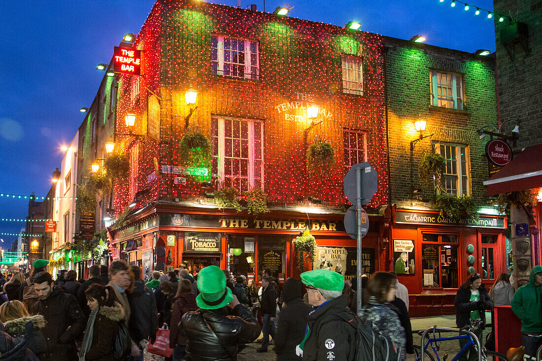 Temple bar, festive ambiance in the evening on temple lane south, dublin, ireland