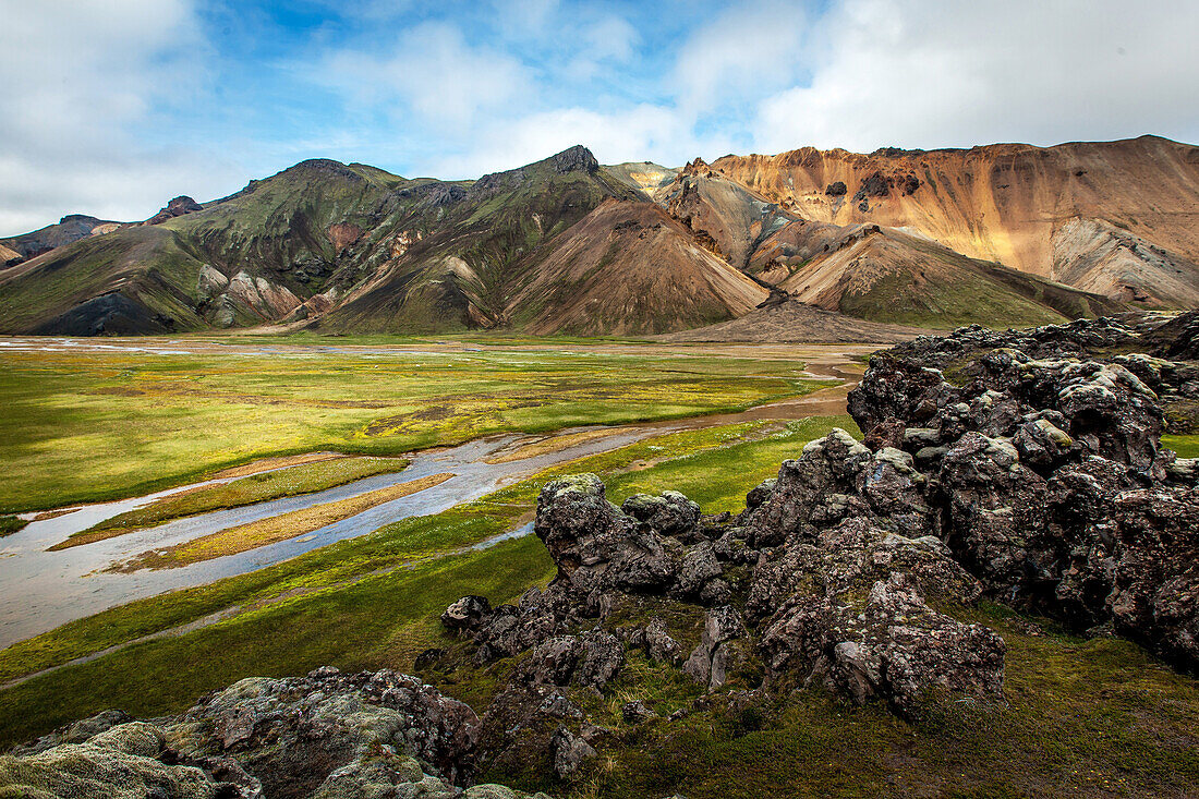 Mountains of rhyolite in landmannalaugar, volcanic and geothermal zone of which the name literally means 'hot baths of the people of the land', region of the high plateaus, southern iceland, europe