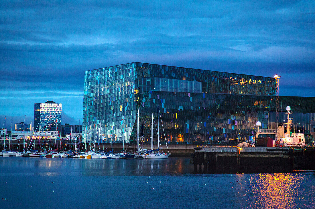 The harpa, concert hall and convention center, old port of reykjavik, midnight sun, reykjavik, capital of iceland, southern iceland, europe