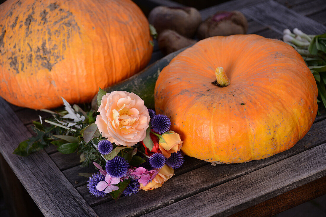 Pumpkins and bouquet of flowers