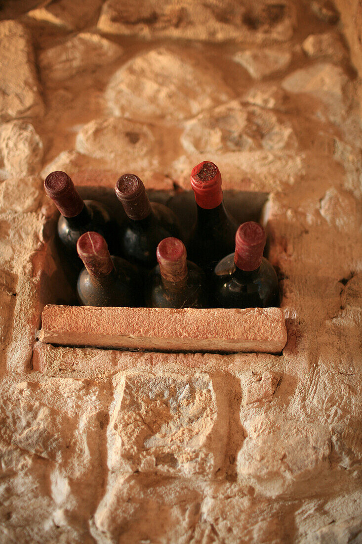 Storage of bottles in a niche, tuscany, province of sienna, italy