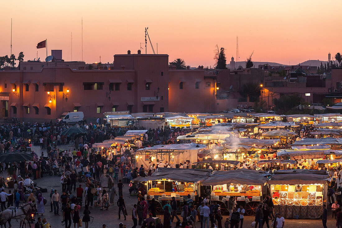 Food stalls in the Jemaa El Fna at sunset, Marrakesh, Morocco, North Africa, Africa