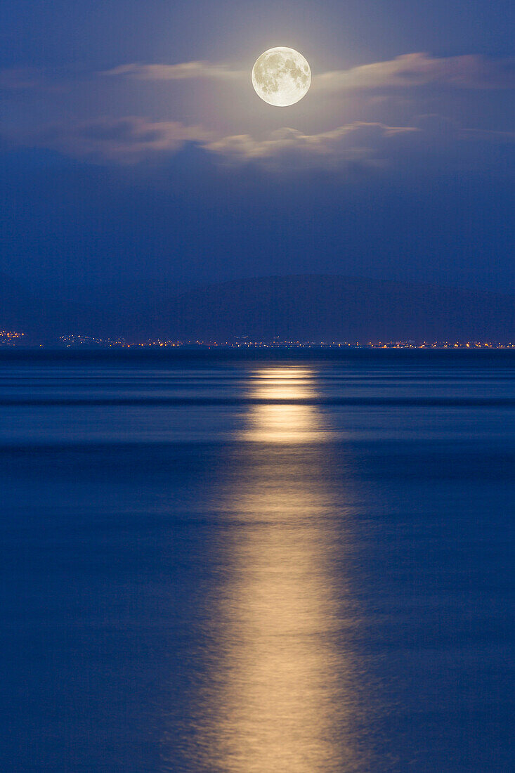 Full moon over the Mumbles, Swansea, Wales, United Kingdom, Europe